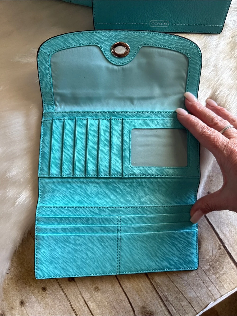 Coach Turquoise leather Hobo Bag with Tassel and Matching Coach Wallets Set